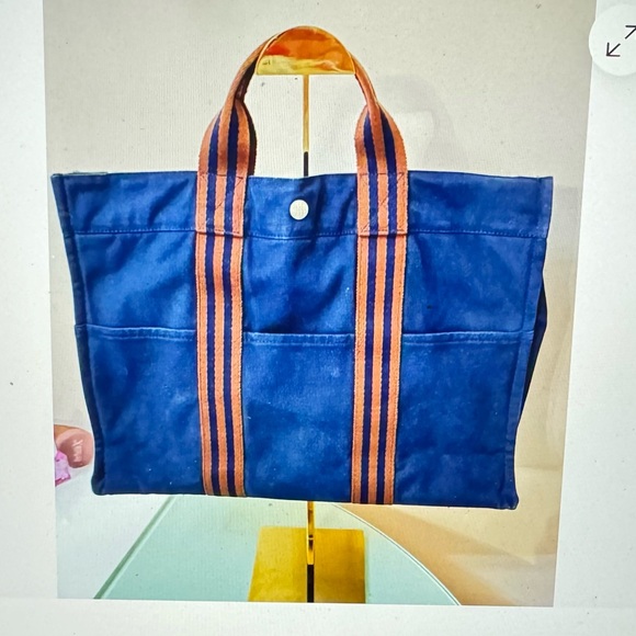 HERMES Paris Fourre Tout MM Navy/Brown Canvas Tote, Hand Bag. Made In France - Picture 8 of 14